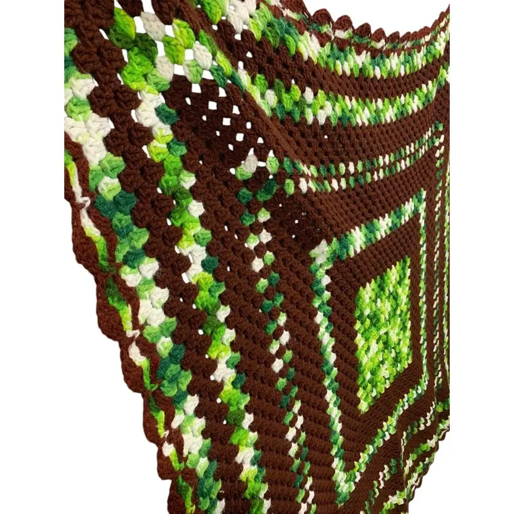 Vintage Brown Green Afghan Throw Blanket 48 Inches Square